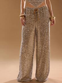 SHEIN BAE 女式纯色腰带亮片阔腿宽松阔腿裤 - 咖啡棕 - 查看 6