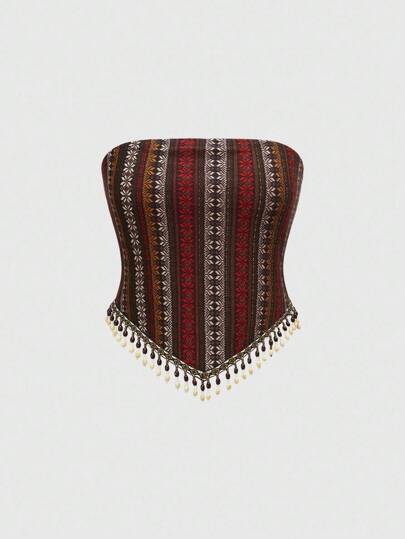 Summer Hippie Retro Western Cowgirl Music Festival Sheer Wooden Beads Tassel Bottom Boho Print Bandeau Top For Women