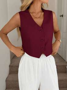 Easowa Women's Casual/Commuting Solid Color Front Button Sleeveless Shirt - Burgundy - View 3
