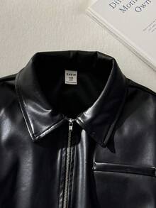 SHEIN Tween Girl Casual Streetwear Style Lapel PU Metal Zipper Front Cropped Jacket, Black Black Leather Jacket Cropped Leather Jacket Faux Leather Jacket Black Cropped Jacket,In Fall/Winter