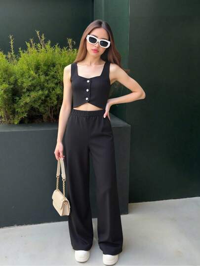 Set de 2 piezas para adolescentes: chaleco sin mangas con abertura frontal y pantalones anchos de cintura elástica, conjunto casual para uso diario en verano