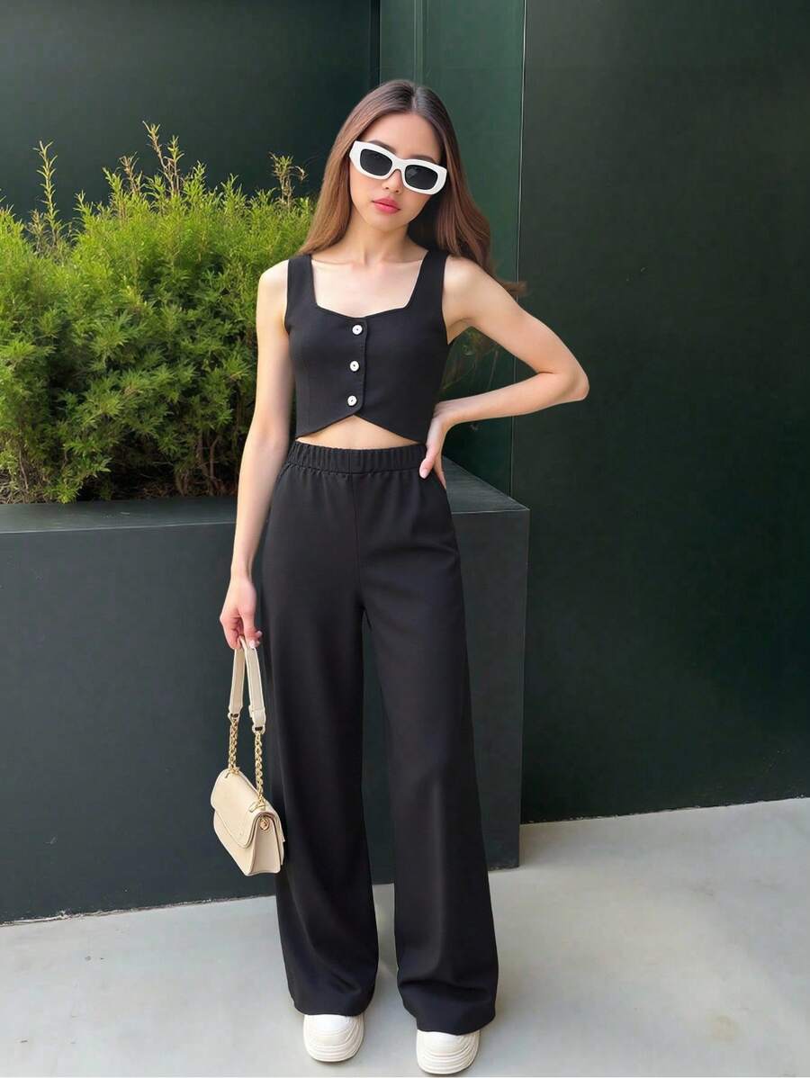 Set de 2 piezas para adolescentes: chaleco sin mangas con abertura frontal y pantalones anchos de cintura elástica, conjunto casual para uso diario en verano - Negro - Ver 1