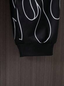 SHEIN 2件套青少年男童休闲舒适百搭火焰印花连帽衫和运动裤套装 - 黑色 - 查看 6