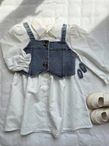 SHEIN Baby Girl Fashion Denim Overall Outfit With Shirt Dress And Vest, Suitable For Daily Wear, Casual Activities - Multicolor - View 5