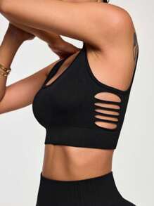 Seamluxe SHEIN Sport 1pc Regular Fit Moisture-Wicking Black Gym Racerback Tank Top, Perforated Side Design, Basic Sportswear For Yoga/Fitness