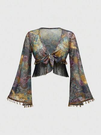 Hippie Vintage Hippie Western Cowboy Music Festival See-Through Wooden Bead Tassel Hem Paisley Print Lace-Up Plus Size Top