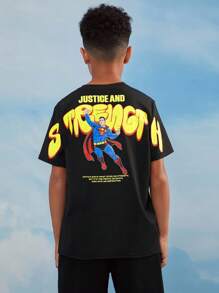 SUPERMAN X SHEIN Tween Boy Cool Back Superhero English Letter Print Black Slim Fit Spring/Summer Short Sleeve T-Shirt