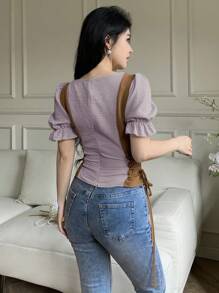 Modelyn 女士优雅拼色提花交叉系腰衬衫，夏季 - 紫色 - 查看 6