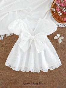 Cozy Pixies Baby Girl Big Bow Decor Round Neck Ruffle Short Sleeve Cinched Waist A-Line Dress - White - View 3