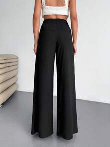 EURMUSE Weite plissierte Hose, zeitgenössisches Hüftdesign, bequemer Stoff - Schwarz - Übersicht 3