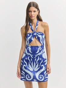 Nöista Vestido corto de cuello halter con estampados inspirados en el mar, corte delantero y detalle de lazo. ¡Un look destacado para el 4 de julio perfecto para fiestas en la playa y escapadas junto al océano!
