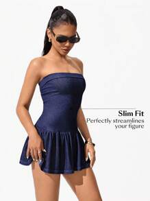 Flexra 女式荷叶边下摆牛仔吊带连衣裙 - 中等水洗藍 - 查看 6