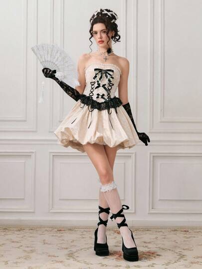 Kawaii Women's Retro Palace Style Romantic Pearl Bow Ribbon Corset Spaghetti Strap Bubble Dress