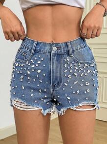 SHEIN PETITE Shorts vaqueros casuales de mujer con bolsillos, bajo deshilachado, rotos y desgastados, estilo Y2K, atuendo de vuelta al colegio y para fiestas de cumpleaños