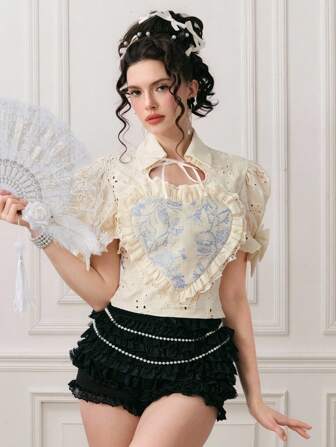 ROMWE EDITION Women's Plant Pattern Ruffled Short Puff Sleeve Embroidered Fashion Blouse