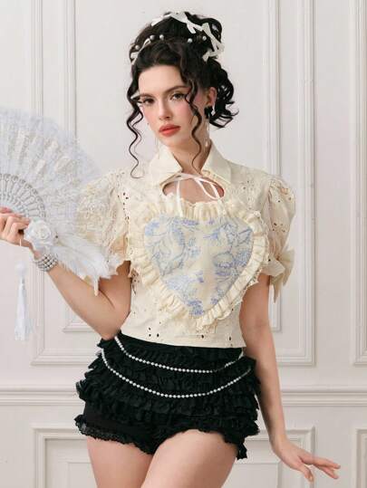 EDITION Women's Plant Pattern Ruffled Short Puff Sleeve Embroidered Fashion Blouse