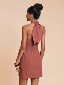 Travachic Trvlchic 纯色编织挂脖迷你连衣裙，女士度假风格，女士休闲夏季度假装，波西米亚海滩度假装，波西米亚风，节日装，女士海滩装，女士夏季装，毕业装，女士生日装，海滩必备品，女士机场装，欧洲夏季装，女士乡村装，返校装，返校节装，女士复古风，女士街头装，Y2k，夜间外出，秋季服装，冬季服装，可爱