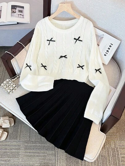 SHEIN 2 件套少女黑白纯色休闲可爱针织蝴蝶结圆领长袖毛衣上衣和黑色褶皱迷你裙，秋冬干净女孩返校装