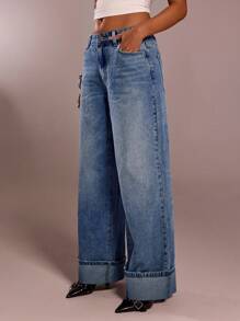 Avantive 夏季新款低腰磨边下摆灰蓝色水洗牛仔休闲百搭阔腿牛仔裤 - 藍色 - 查看 3