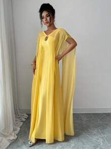 Elenzga 女士优雅纯色斗篷袖连衣裙 - 黃色 - 查看 8