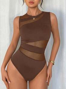 Rafferiza Elegant Sexy Fashion Black Crew Neck Sleeveless Fitted Asymmetric Geometric Mesh Panel Bodysuit For Women, Spring/Summer