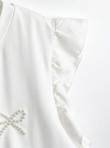 SHEIN Clasi Plus Size Women Faux Pearl Bow Ruffle Sleeve Loose T-Shirt - White - View 6