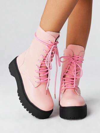 Kawaii Botas de tobillo y botas cortas rosas de PU para mujer, lindas y divertidas, adecuadas para uso diario y campus