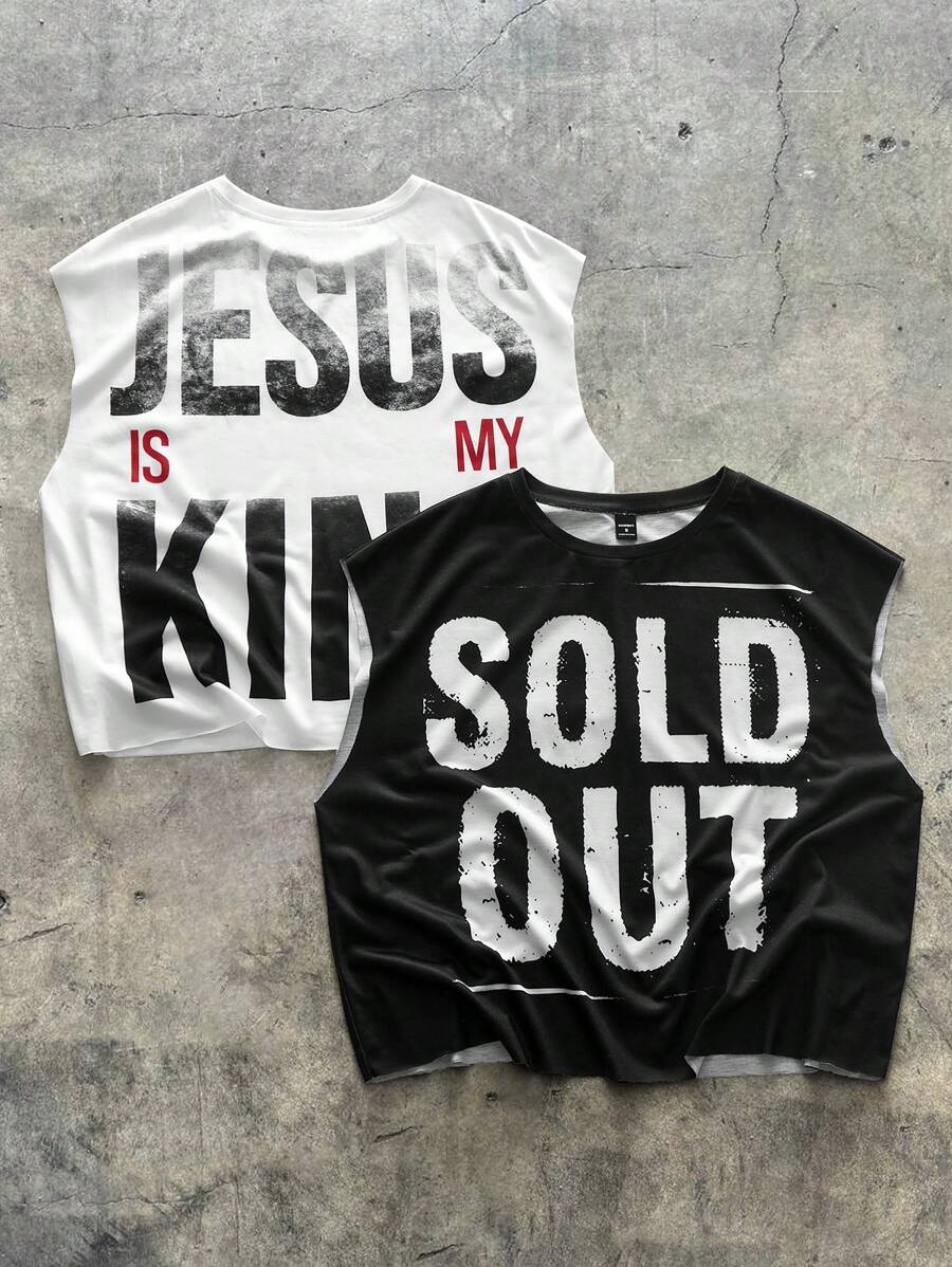 AXEPEAK Casual Streetwear Fashion, English Text Print, 2pcs/Set Men's Tank Top - Multicolor - View 1