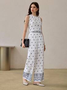 Seusyu Summer Elegant All-Over Print Elastic Waist Casual Pants Fall Cloth For Women - Multicolor - View 2
