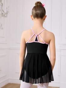 SHEIN Leotardo blanco sin mangas con espalda de cruce de tiras lindo para niñas preadolescentes, malla unitaria para gimnasia en campus/competición, disfraz de ballet con falda de tul para danza - Negro - Ver 2
