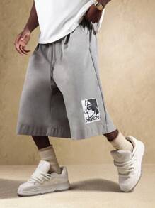 Quần short jogger ống rộng dáng suông SUMWON phong cách đường phố, cạp chun, họa tiết Nhật Bản, thời trang đường phố, lễ hội, thường ngày. - Màu Xám nhạt - Xem 2