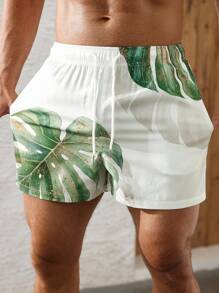 Manfinity KASUA 男式热带植物印花抽绳腰袋沙滩短裤 - 綠色 - 查看 3