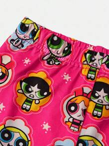THE POWERPUFF GIRLS X SHEIN Bộ 2 món/bộ áo phông và quần legging họa tiết hoa hồng dễ thương ngọt ngào cho bé gái, bong bóng, hoa mao lương, phù hợp cho mùa xuân, hè, thu - Màu Hồng Tươi - Xem 5