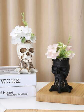 Goth 1 pièce Statue décorative de squelette en os - Vase à fleurs en résine pour plantes, porte-crayon, décoration de bureau gothique, cadeau artisanal unique pour hommes/femmes, plante succulente, arrangement floral, étagère, dark academia, décoration de chambre esthétique (noir et blanc)