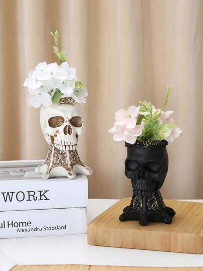 ROMWE 1pc Bone Skeleton Decor Statue - Resin Flower Vase For Plants Pen Holder Gothic Desktop Decor Unique Craft Gift For Men/Women Succulent Planter, Floral Arrangement, Shelf Display, Dark Academia, Aesthetic Room Decor(Black &White), Halloween