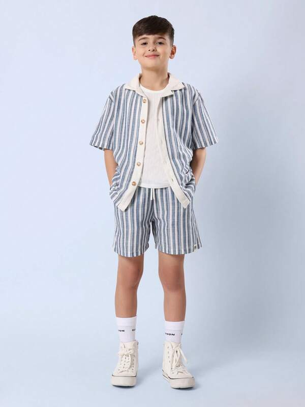 SUMWON Textured Stripe Short Sleeve Vacation Style Boys Two Piece Set Summer Cotton Resort Spring Holiday Beach Casual Kids Button Down Outfit