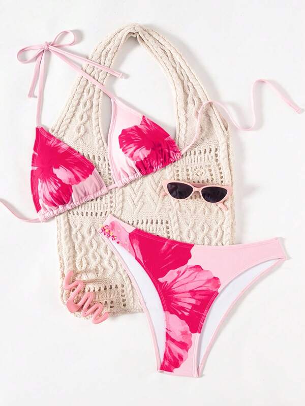 Swim Mod Set de bikini triunghiular sexy pentru femei, cu imprimeu grafic, cu halter și talie joasă, de vară, nou