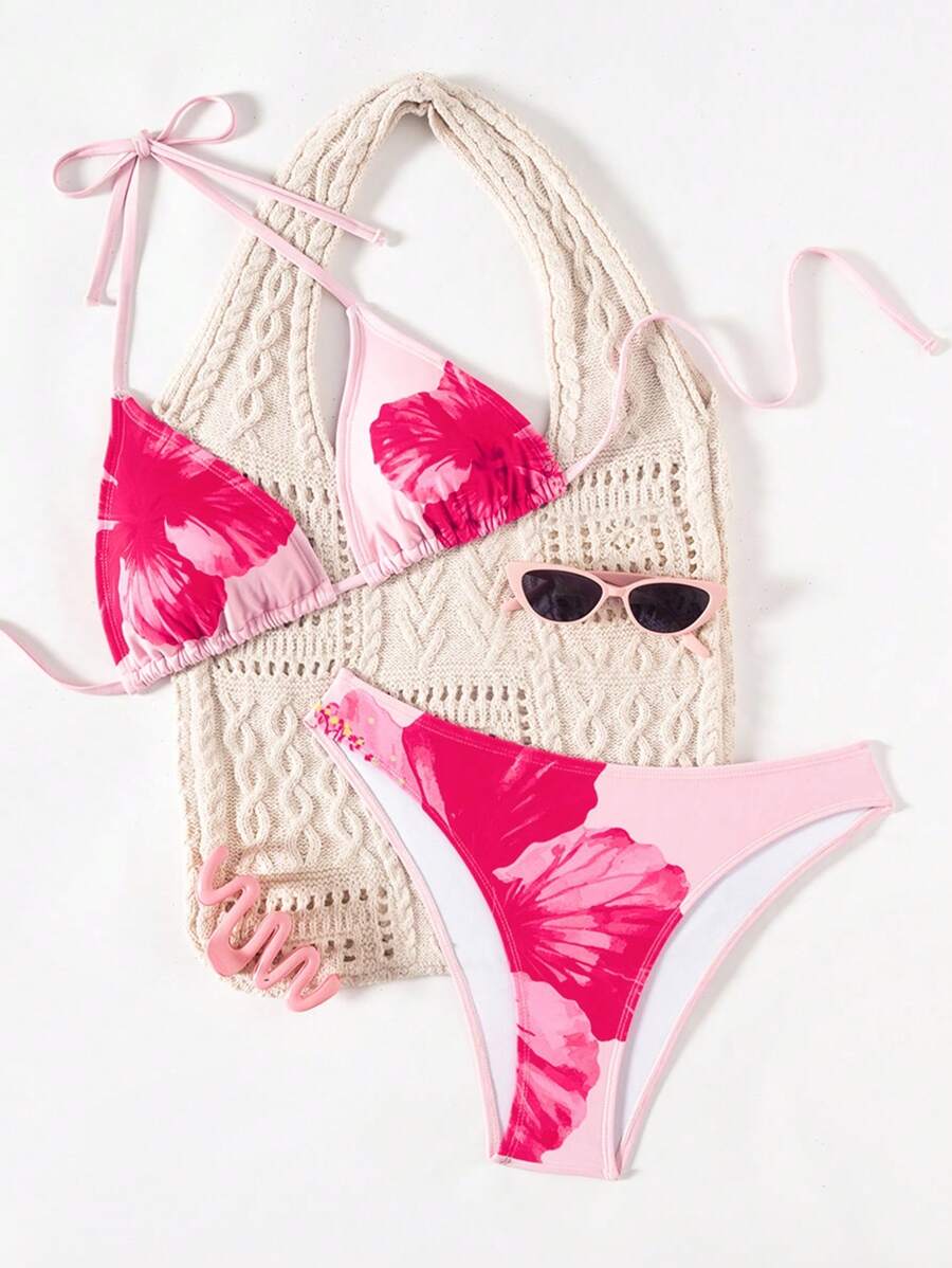 Swim Mod 女士夏季新款性感吊带低腰三角比基尼泳装套装带图案印花 - 粉色 - 查看 1