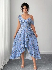 Elenzga Plus Size Women's Blue Summer Boho Tea Party Holiday V-Neck Elegant Asymmetric Ruffle Floral Print Dress,Suitable For Daily Wear,Dates And Vacations - Blue - View 1