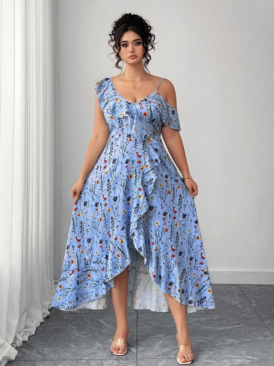 Elenzga Plus Size Women's Blue Summer Boho Tea Party Holiday V-Neck Elegant Asymmetric Ruffle Floral Print Dress,Suitable For Daily Wear,Dates And Vacations - Blue - View 1