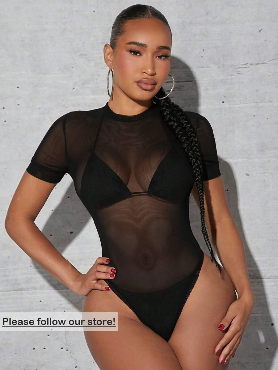 SHEIN SXY Summer Solid Sheer Mesh Bodysuit Without Lingerie Set - Black - View 1