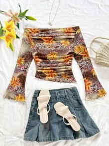 Soleia Blus Wanita Motif Leopard Cokelat dan Bunga, Atasan Lengan Panjang Model Lonceng Gaya Boho untuk Liburan, Atasan Pas Badan Berkerut Motif Bunga Lili untuk Musim Gugur, Gaya Liburan - Coklat - View 5