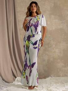 Roveilla 大码优雅休闲花卉印花短袖上衣和鱼尾裙两件套，春夏 - 淡紫色 - 查看 3