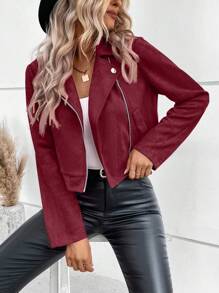 EMERY ROSE Áo khoác nữ dài tay màu trơn, cổ ve áo, khóa kéo, kiểu dáng casual dành cho người đi xe máy, thích hợp cho mùa thu đông. - Màu Đỏ Sâu - Xem 4