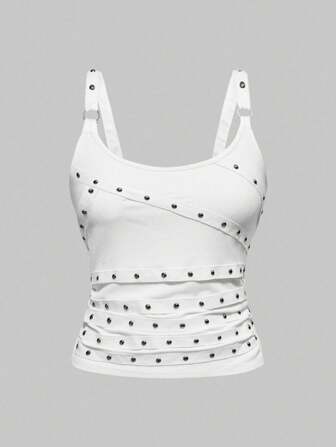 Grunge Punk Camiseta sin mangas con escote redondo y espalda descubierta, con aplicaciones de rhinestones, de talla grande para mujer, sexy, para conciertos, festivales, playa o vacaciones