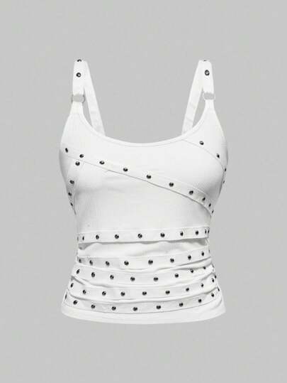 Grunge Punk Canottiera da donna taglie forti, con spalline sottili, senza maniche, scollo rotondo, con schiena scoperta, strass, sexy, nera, adatta per concerti, festival, spiaggia e vacanze