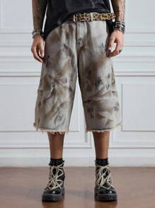 ROMWE MEN Grunge Punk 男士蜡染磨边宽松休闲牛仔短裤，万圣节 - 灰色 - 查看 4