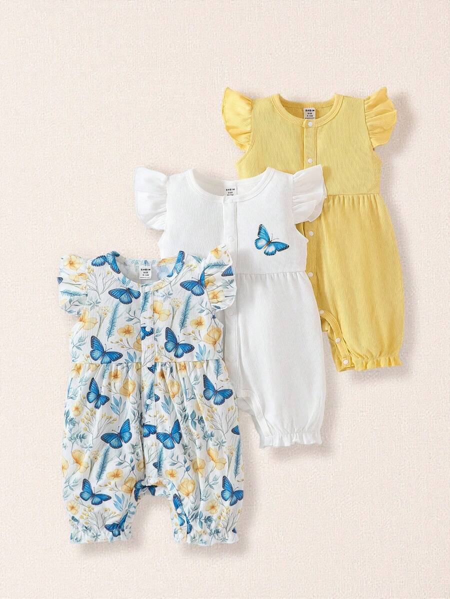 SHEIN 3pcs/Set Baby Girls' Casual Cute Butterfly Print Cap Sleeve Loose Elastic Comfortable Romper & Headband - Multicolor - View 1