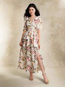 Summer Elegant Floral All-Over Print Split Hem Dress For Teen Girls - Pink - View 5