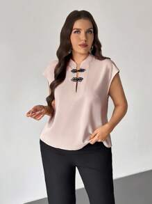 Firerie 加大码不对称褶皱领单肩修身休闲衬衫，杏色，适合工作、办公室、日常穿着和度假 - 杏色 - 查看 6